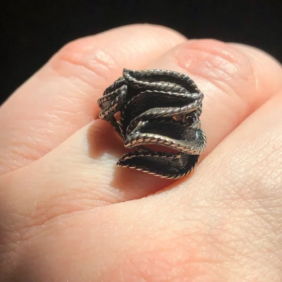 Vintage stamped sterling silver freeform oxidized leaf ribbon ring size 6.25 - Picture 3 of 12